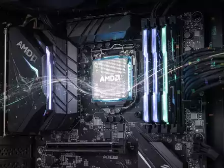 Close-up of a gaming PC's internal components, highlighting an AMD GPU and CPU, with light trails representing data flow. - Foto: über boerse-global.de