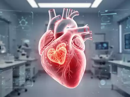 Ein 3D-gerendertes menschliches Herz mit einem leuchtenden, technologischen Herzpflaster auf der Oberfläche in einem medizinischen Labor. - Foto: über boerse-global.de