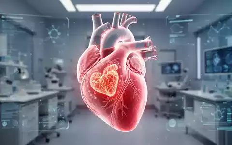 Ein 3D-gerendertes menschliches Herz mit einem leuchtenden, technologischen Herzpflaster auf der Oberfläche in einem medizinischen Labor. - Foto: über boerse-global.de