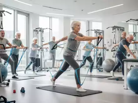 Eine Gruppe von Menschen unterschiedlichen Alters führt Physiotherapieübungen in einem modernen Rehabilitationszentrum durch. - Foto: über boerse-global.de