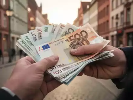 Nahaufnahme von Händen, die Euro-Banknoten halten, mit einer verschwommenen deutschen Stadtlandschaft im Hintergrund. - Foto: über boerse-global.de
