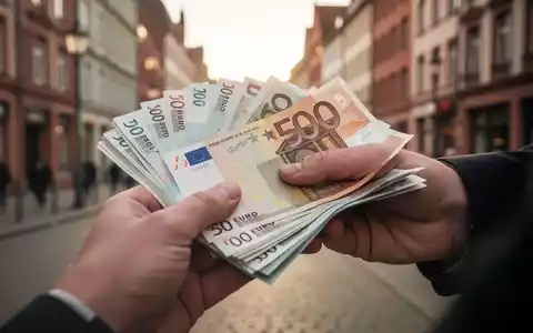Nahaufnahme von Händen, die Euro-Banknoten halten, mit einer verschwommenen deutschen Stadtlandschaft im Hintergrund. - Foto: über boerse-global.de