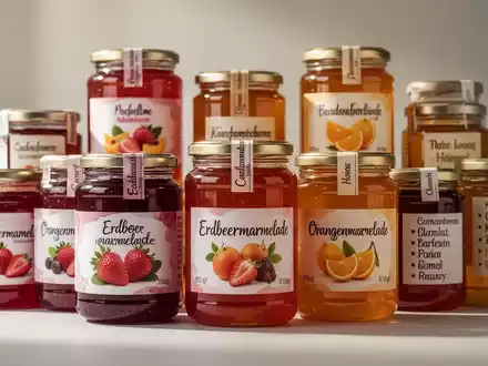 Nahaufnahme von verschiedenen Marmeladen- und Honiggläsern mit neuen, detaillierten Etiketten, die Herkunft und Fruchtsorten hervorheben. - Foto: über boerse-global.de