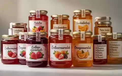 Nahaufnahme von verschiedenen Marmeladen- und Honiggläsern mit neuen, detaillierten Etiketten, die Herkunft und Fruchtsorten hervorheben. - Foto: über boerse-global.de