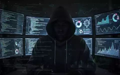 Eine Person mit Kapuze vor mehreren Bildschirmen, die Code und Daten anzeigen, symbolisiert KI-Betrug und Cyberkriminalität. - Foto: über boerse-global.de