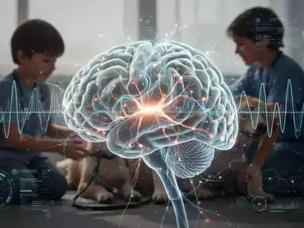 Ein stilisiertes Gehirn mit leuchtenden neuronalen Pfaden und digitalen Schnittstellen, im Hintergrund ein Kind mit einem Therapiehund. - Foto: über boerse-global.de
