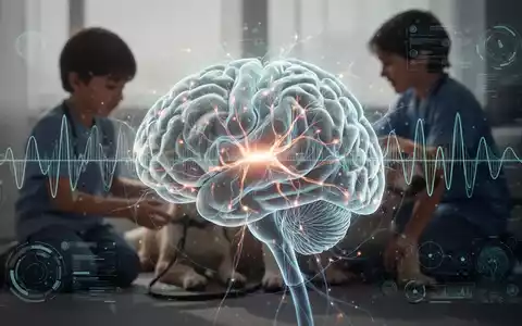 Ein stilisiertes Gehirn mit leuchtenden neuronalen Pfaden und digitalen Schnittstellen, im Hintergrund ein Kind mit einem Therapiehund. - Foto: über boerse-global.de