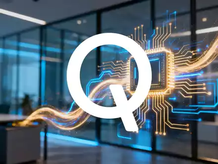 Abstrakte Darstellung von Mikrochips und Datenströmen, die Technologie und Investition symbolisieren, mit einem modernen Büro im Hintergrund. - Foto: über boerse-global.de