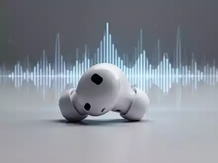 A close-up of an Apple AirPods Pro earbud on a clean surface, with a subtle equalizer waveform in the background. - Foto: über boerse-global.de