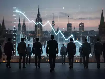 Silhouetten von Menschen, die sich von einem fallenden digitalen Diagramm vor einer deutschen Stadtkulisse entfernen, was den Arbeitskräftemangel symbolisiert. - Foto: über boerse-global.de