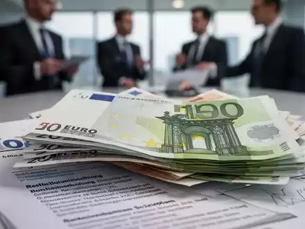 Ein Stapel Euro-Banknoten, teilweise verdeckt von einem Dokument zur Unternehmensrestrukturierung, mit unscharfen Geschäftsleuten im Hintergrund. - Foto: über boerse-global.de