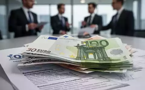 Ein Stapel Euro-Banknoten, teilweise verdeckt von einem Dokument zur Unternehmensrestrukturierung, mit unscharfen Geschäftsleuten im Hintergrund. - Foto: über boerse-global.de