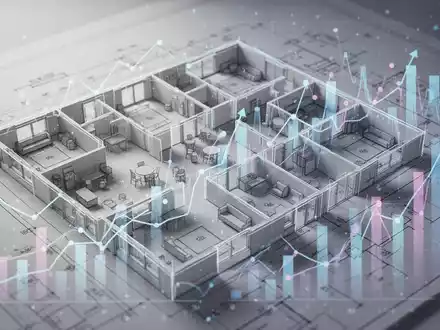 Ein minimalistischer Bauplan eines Pflegeheims überlagert mit abstrakten Finanzdiagrammen, die Kostensenkung und vereinfachte Vorschriften symbolisieren. - Foto: über boerse-global.de