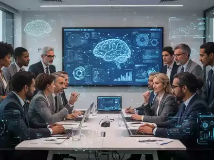 Geschäftsleute in einem modernen Büro, die an einer KI-Schulung teilnehmen und auf einen Bildschirm mit KI-Visualisierungen blicken. - Foto: über boerse-global.de