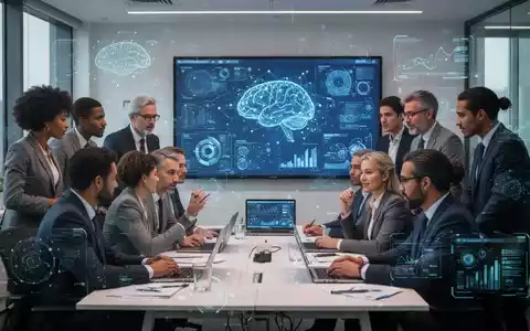 Geschäftsleute in einem modernen Büro, die an einer KI-Schulung teilnehmen und auf einen Bildschirm mit KI-Visualisierungen blicken. - Foto: über boerse-global.de