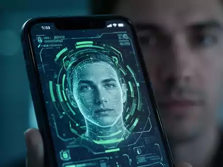 Ein Smartphone-Bildschirm zeigt eine Gesichtserkennung mit einem teilweise sichtbaren Gesicht im Hintergrund, Symbole für Sicherheit und Technologie. - Foto: über boerse-global.de