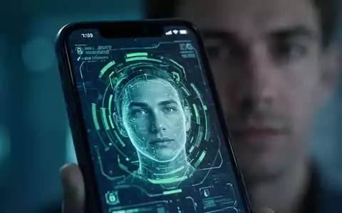 Ein Smartphone-Bildschirm zeigt eine Gesichtserkennung mit einem teilweise sichtbaren Gesicht im Hintergrund, Symbole für Sicherheit und Technologie. - Foto: über boerse-global.de