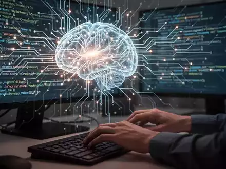 A stylized neural network with fading data streams, representing AI memory loss, and a software engineer typing code. - Foto: über boerse-global.de