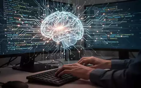 A stylized neural network with fading data streams, representing AI memory loss, and a software engineer typing code. - Foto: über boerse-global.de