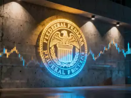 Ein stilisiertes, leuchtendes digitales Logo der Federal Reserve auf einer modernen Wand mit unscharfen Finanzdiagrammen im Hintergrund. - Foto: über boerse-global.de