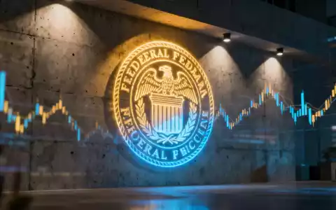 Ein stilisiertes, leuchtendes digitales Logo der Federal Reserve auf einer modernen Wand mit unscharfen Finanzdiagrammen im Hintergrund. - Foto: über boerse-global.de