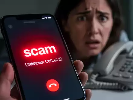 Nahaufnahme eines Smartphones mit Betrugswarnung, unscharfes Bild einer besorgten Person und eines Festnetztelefons im Hintergrund. - Foto: über boerse-global.de