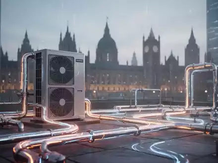 Eine moderne Wärmepumpe in einer futuristischen Stadtlandschaft mit leuchtenden Energieleitungen und schemenhaften Parlamentsgebäuden im Hintergrund. - Foto: über boerse-global.de