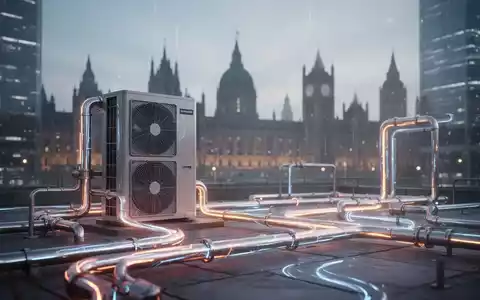 Eine moderne Wärmepumpe in einer futuristischen Stadtlandschaft mit leuchtenden Energieleitungen und schemenhaften Parlamentsgebäuden im Hintergrund. - Foto: über boerse-global.de