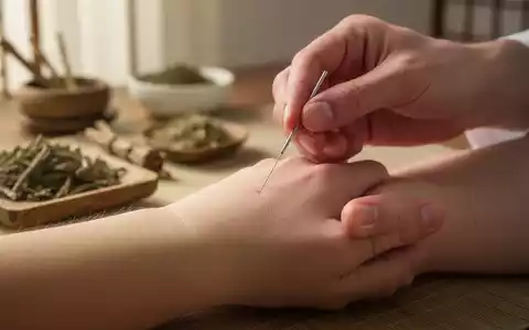 Eine Akupunkturnadel ist sanft in die Haut am Handgelenk eingeführt, im Hintergrund verschwommen traditionelle chinesische Kräuter. - Foto: über boerse-global.de