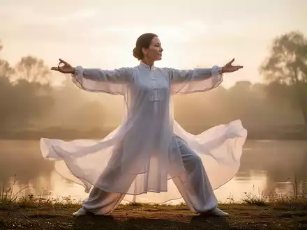 Eine Person führt eine Qigong-Bewegung bei Sonnenaufgang aus, umgeben von einer friedlichen Naturlandschaft. - Foto: über boerse-global.de