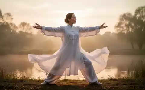 Eine Person führt eine Qigong-Bewegung bei Sonnenaufgang aus, umgeben von einer friedlichen Naturlandschaft. - Foto: über boerse-global.de