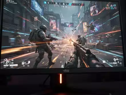 A close-up of a high-performance gaming monitor displaying a fast-paced esports scene, emphasizing clarity and fluid motion. - Foto: über boerse-global.de