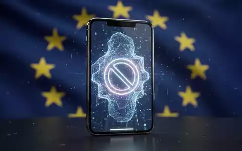 A sleek iPhone displaying a digital interface with a glowing, abstract AI symbol and a subtle 'restricted' icon, set against a blurred EU flag. - Foto: über boerse-global.de