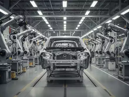 Eine moderne Automobilproduktionslinie mit Roboterarmen in einer Fabrik, die Effizienz und Umstrukturierung andeutet. - Foto: über boerse-global.de