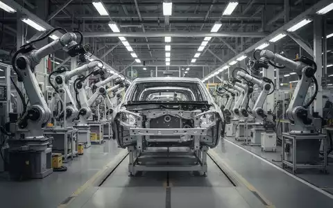 Eine moderne Automobilproduktionslinie mit Roboterarmen in einer Fabrik, die Effizienz und Umstrukturierung andeutet. - Foto: über boerse-global.de