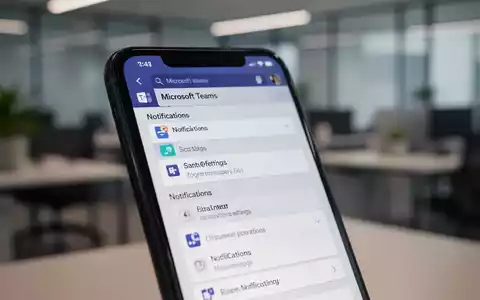 Smartphone displaying Microsoft Teams interface with notification settings, against a blurred office background. - Foto: über boerse-global.de