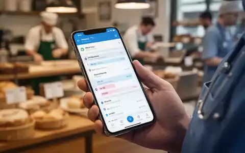 Nahaufnahme eines Smartphones, das eine digitale Zeiterfassungs- oder Dienstplan-App anzeigt, gehalten von einer Person in einem professionellen Umfeld. - Foto: über boerse-global.de