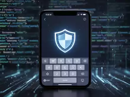 Ein Smartphone-Bildschirm zeigt eine Tastatur-App mit einem Schildsymbol für Datenschutz. Im unscharfen Hintergrund sind Codezeilen zu sehen. - Foto: über boerse-global.de