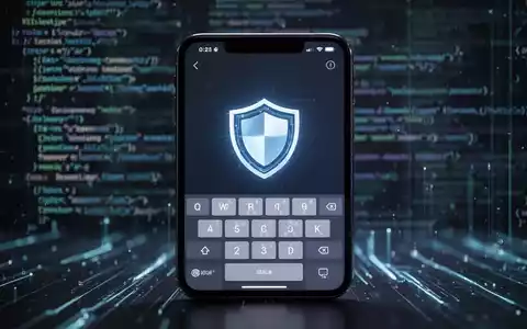 Ein Smartphone-Bildschirm zeigt eine Tastatur-App mit einem Schildsymbol für Datenschutz. Im unscharfen Hintergrund sind Codezeilen zu sehen. - Foto: über boerse-global.de