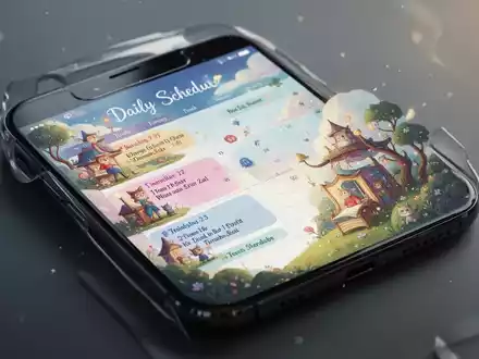 A smartphone screen displaying an AI-generated illustration of a daily schedule as a storybook, with calendar events. - Foto: über boerse-global.de