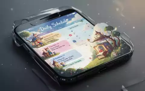 A smartphone screen displaying an AI-generated illustration of a daily schedule as a storybook, with calendar events. - Foto: über boerse-global.de