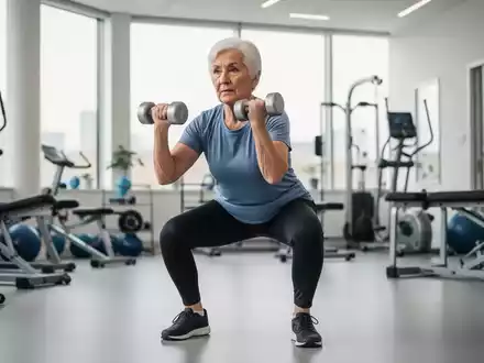 Eine ältere Person führt eine Goblet-Kniebeuge mit einer Hantel in einem modernen Fitnessstudio aus, symbolisiert Kraft und Stabilität im Alter. - Foto: über boerse-global.de