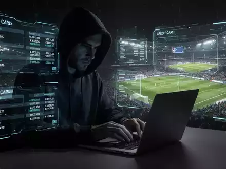 A person in a hoodie typing on a laptop with glowing screens displaying credit card information and a faint image of a football stadium in the background. - Foto: über boerse-global.de