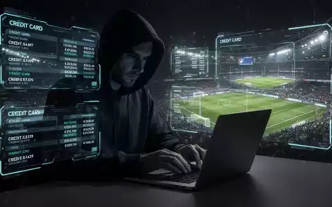 A person in a hoodie typing on a laptop with glowing screens displaying credit card information and a faint image of a football stadium in the background. - Foto: über boerse-global.de