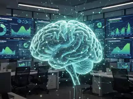 Ein abstraktes, leuchtendes KI-Netzwerk vor einem modernen Büro mit Datenvisualisierungen zu Nachhaltigkeit auf Bildschirmen. - Foto: über boerse-global.de