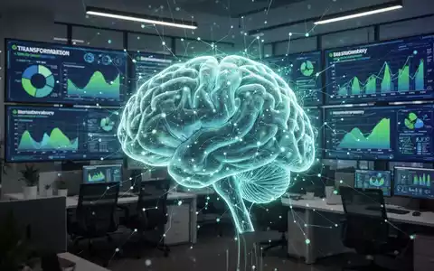 Ein abstraktes, leuchtendes KI-Netzwerk vor einem modernen Büro mit Datenvisualisierungen zu Nachhaltigkeit auf Bildschirmen. - Foto: über boerse-global.de