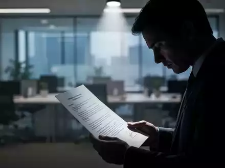 Eine Person im Schatten hält ein Dokument in einem dramatisch beleuchteten Büro, symbolisierend Enthüllung und Konsequenz. - Foto: über boerse-global.de