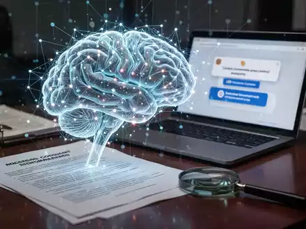 Ein stilisiertes, leuchtendes KI-Gehirn über einem Büroschreibtisch mit Rechtsdokumenten und einem Laptop, der Cookie-Einwilligungen anzeigt. - Foto: über boerse-global.de