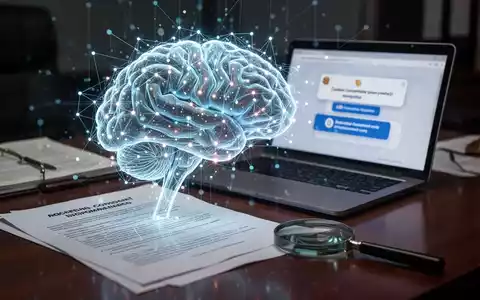 Ein stilisiertes, leuchtendes KI-Gehirn über einem Büroschreibtisch mit Rechtsdokumenten und einem Laptop, der Cookie-Einwilligungen anzeigt. - Foto: über boerse-global.de