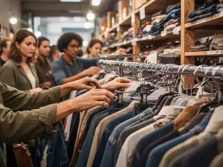 Menschen durchsuchen Kleiderständer und Regale auf einem belebten Second-Hand-Markt, Hände halten gebrauchte Artikel. - Foto: über boerse-global.de